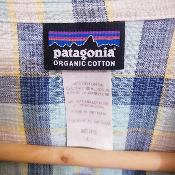 Patagonia Cotton Short Sleeve Button Up Shirt with Blue Plaid Pattern Size L - Picture 5 of 8
